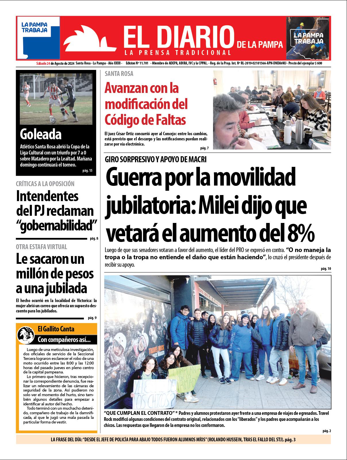 Tapa de El Diario en papel  saacutebado 24 de agosto de 2024